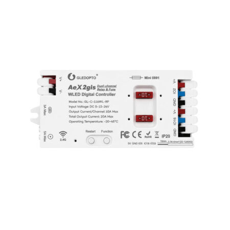 Gledopto AeX2gis – Two-channel WLED controller with relay and fuse, Wi-Fi, RF (GL-C-116WL-RF)