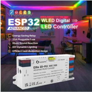 Gledopto Elite 2D-MU Advanced WLED Controller – Two-channel RGBIC LED controller with microphone, USB‑C, ESP32, Wi‑Fi (GL-C-615WL)