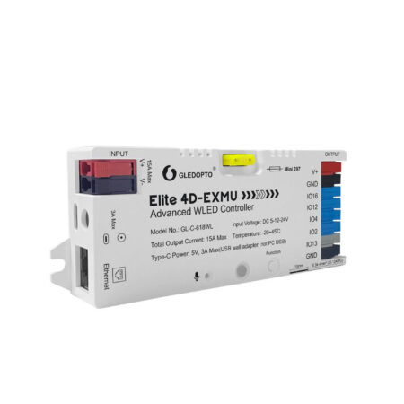 Gledopto Elite 4D-EXMU Advanced WLED Controller – Four-channel RGBIC LED controller with microphone, USB‑C, ESP32, Wi‑Fi, Ethernet (GL-C-618WL)