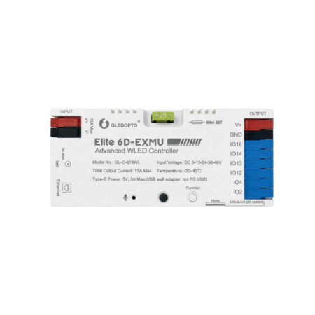 Gledopto Elite 6D-EXMU Advanced WLED Controller – Six-channel RGBIC LED controller with microphone, USB-C, ESP32, Wi-Fi, Ethernet (GL-C-619WL)